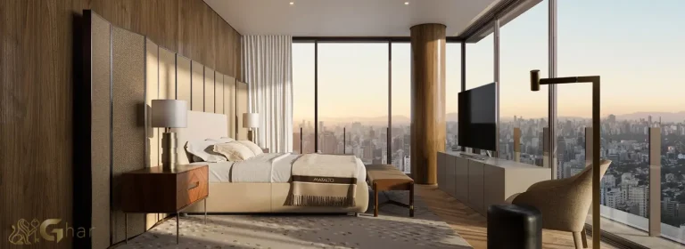 Suíte master do apartamento decorado Lindenberg Moema com 293 m² em Moema