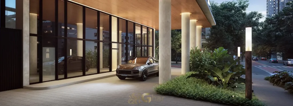 Porte-cochère do Lindenberg Moema com acesso exclusivo e arquitetura premium