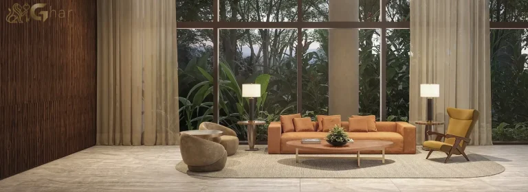 Hall principal do Lindenberg Moema com arquitetura sofisticada e acabamento premium