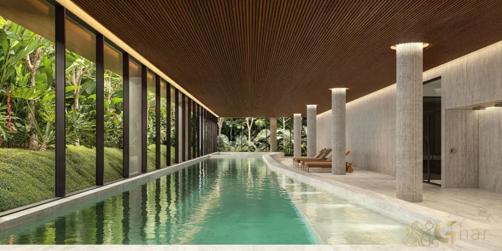 Piscina coberta do Lindenberg Moema em condomínio de alto padrão em Moema