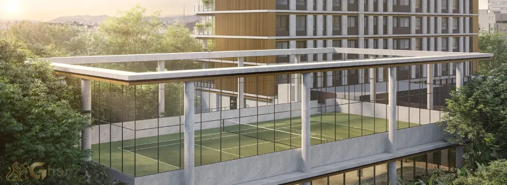 Quadra de tênis do condomínio Lindenberg Moema com padrão clube em empreendimento de alto padrão em Moema