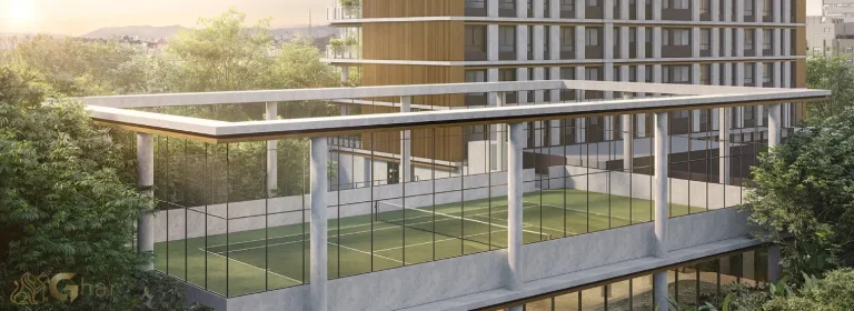 Quadra de tênis do condomínio Lindenberg Moema com padrão clube em empreendimento de alto padrão em Moema