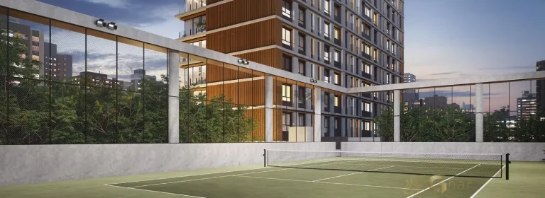 Área esportiva com quadra de tênis no Lindenberg Moema, condomínio de luxo em Moema