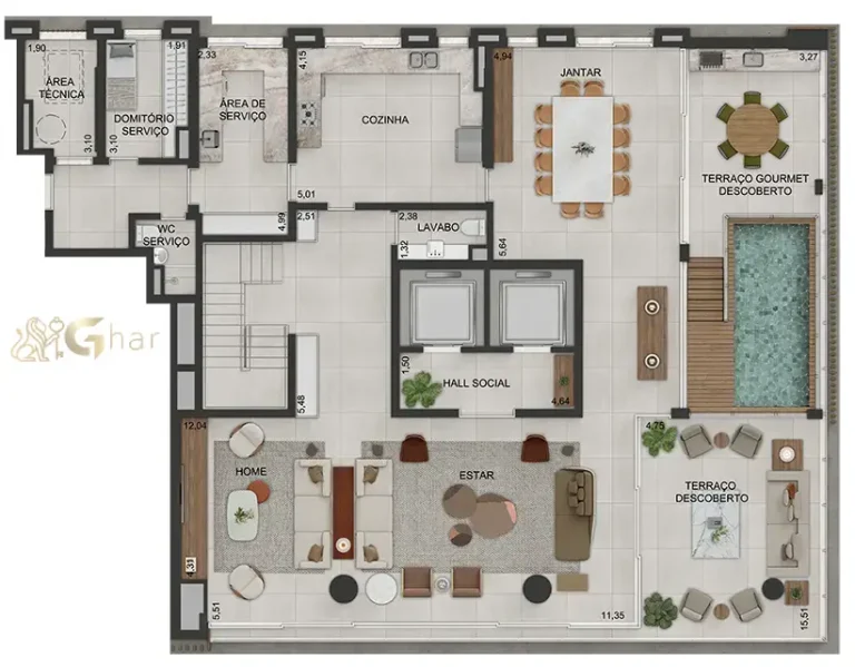 Planta do pavimento inferior do apartamento duplex Lindenberg Moema com 488 m²