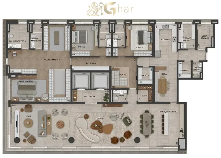 Planta do apartamento opção Lindenberg Moema com 373 m² e layout exclusivo