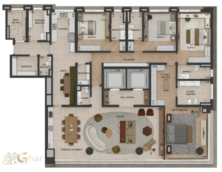 Planta tipo A do Lindenberg Moema com 293 m² e layout inteligente
