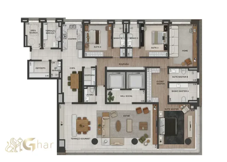 Planta tipo B do Lindenberg Moema com 293 m² e 4 suítes
