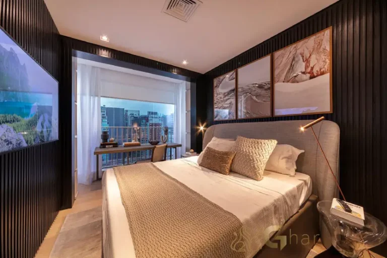 Suíte master do apartamento decorado Lindenberg Reserva Itaim com alto padrão de acabamento