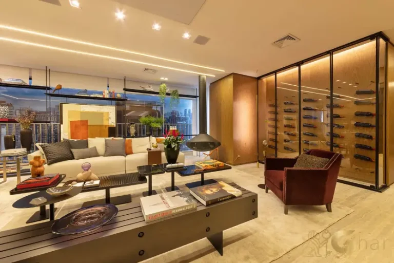 Sala de estar e living do apartamento decorado Lindenberg Reserva Itaim com alto padrão no Itaim Bibi