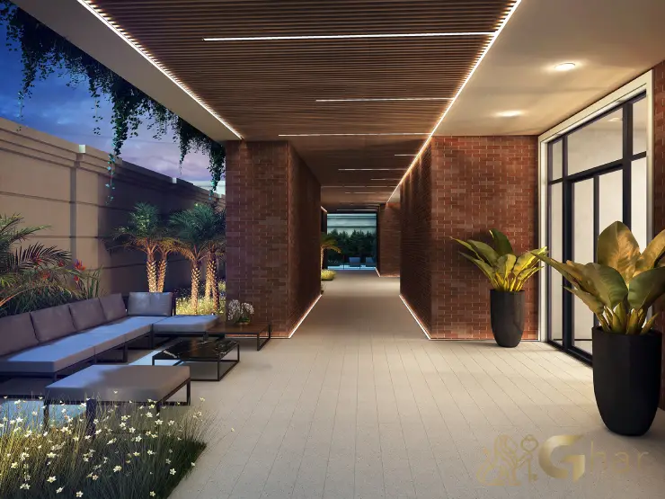 Lounge externo do Lindenberg Reserva Itaim com área de convivência sofisticada