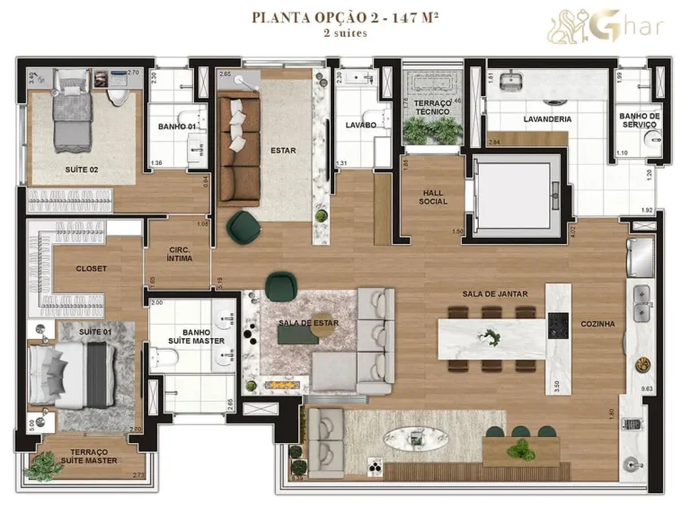 Planta do apartamento 2 suítes 147 m² do Lindenberg Reserva Itaim