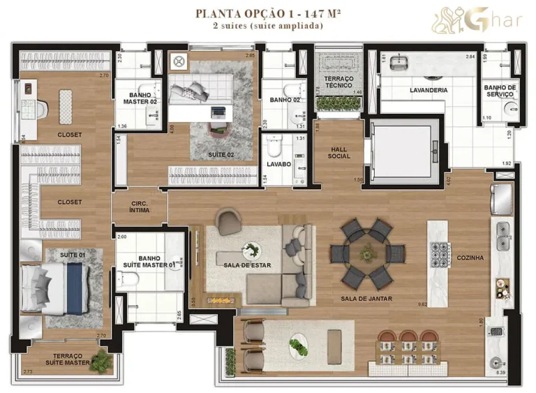 Planta ampliada do apartamento 2 suítes 147 m² do Lindenberg Reserva Itaim