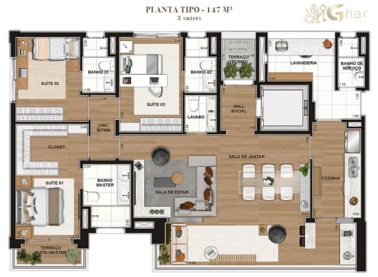 Planta do apartamento 3 suítes 147 m² do Lindenberg Reserva Itaim