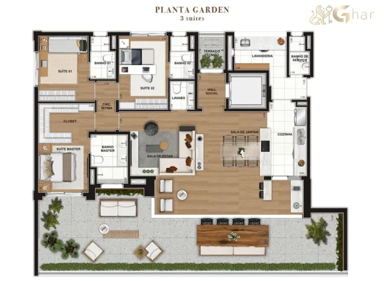 Planta do apartamento garden 3 suítes do Lindenberg Reserva Itaim no Itaim Bibi