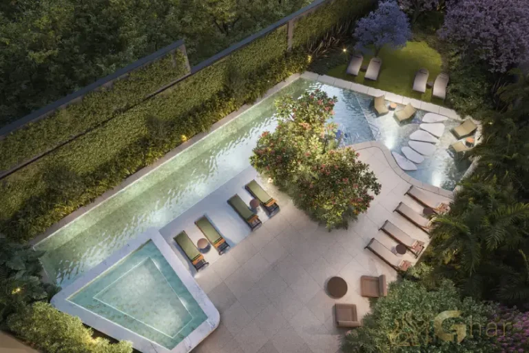 Vista aérea das piscinas do Lindenberg Reserva Paraíso em condomínio de alto padrão no Paraíso, São Paulo