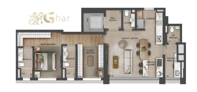 Planta de apartamento 1 suíte de 98 m² no Lindenberg Reserva Paraíso