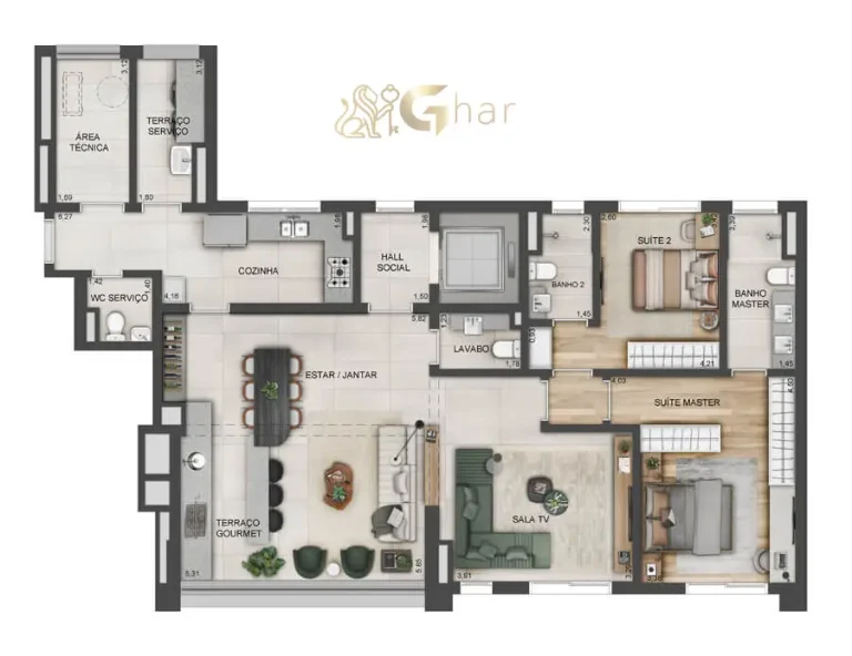 Planta de apartamento 2 suítes de 133 m² no Lindenberg Reserva Paraíso