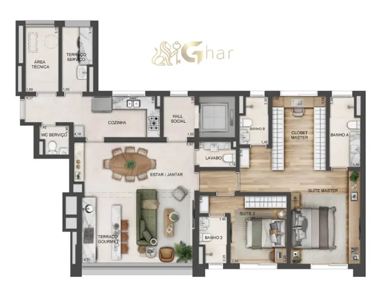 Planta de apartamento 133 m² com 2 suítes e cozinha fechada no Lindenberg Reserva Paraíso