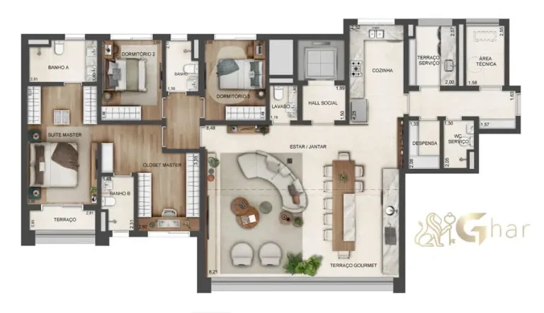 Planta de apartamento 180 m² com 3 dormitórios no Lindenberg Reserva Paraíso