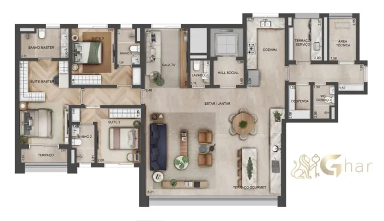 Planta de apartamento 180 m² com 3 suítes no Lindenberg Reserva Paraíso