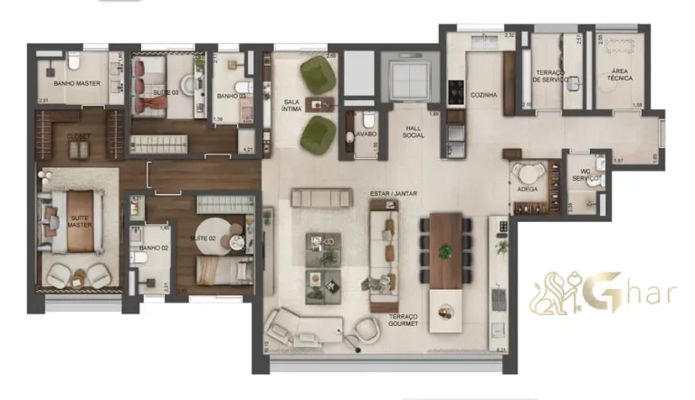 Planta do apartamento decorado de 180 m² no Lindenberg Reserva Paraíso, Paraíso – São Paulo