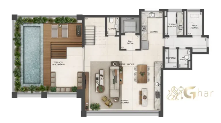 Planta do duplex inferior de 329 m² no Lindenberg Reserva Paraíso em apartamento de alto padrão