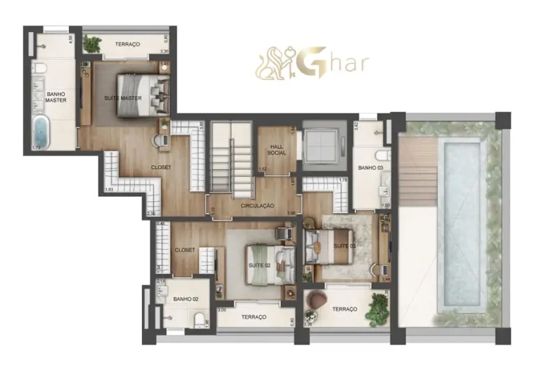 Planta do duplex superior de 239 m² no Lindenberg Reserva Paraíso com suítes privativas