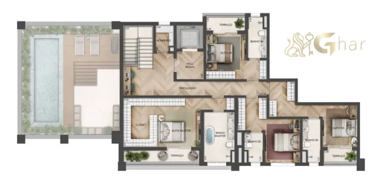 Planta do duplex superior de 329 m² no Lindenberg Reserva Paraíso com área íntima ampla