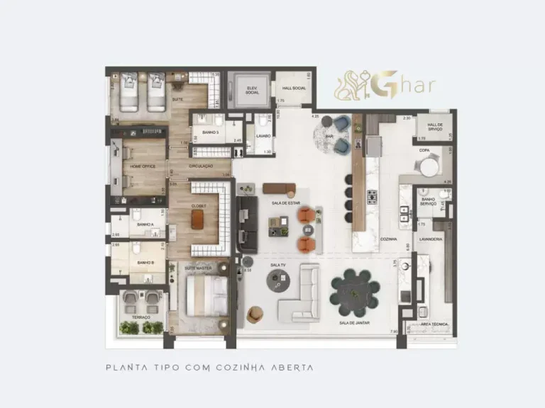 Planta do apartamento com cozinha aberta de 209 m² no Lindenberg Vila Mariana