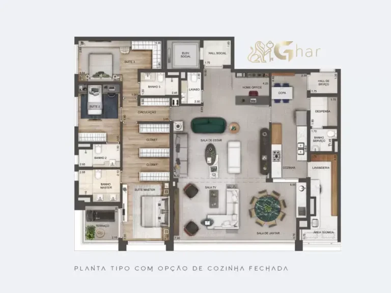 Planta do apartamento com cozinha fechada de 209 m² no Lindenberg Vila Mariana