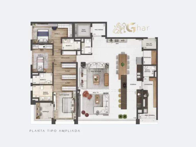 Planta do apartamento tipo ampliada de 209 m² com 3 suítes no Lindenberg Vila Mariana