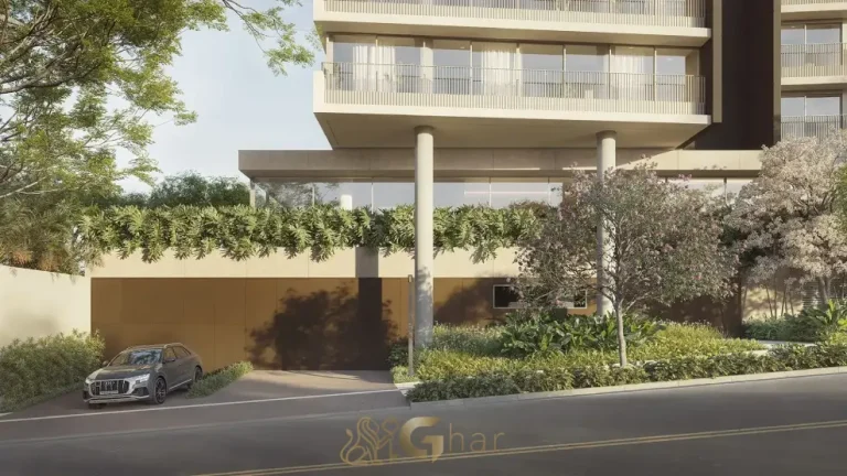 Vista frontal da portaria do Lindenberg Vista Alto de Pinheiros com arquitetura sofisticada