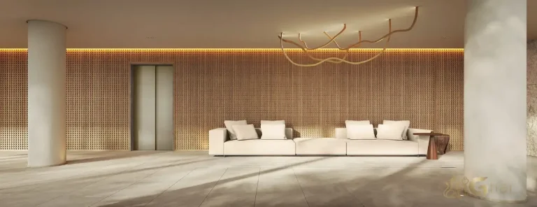 Detalhe do hall social do Lindenberg Vista Alto de Pinheiros com acabamentos de alto padrão