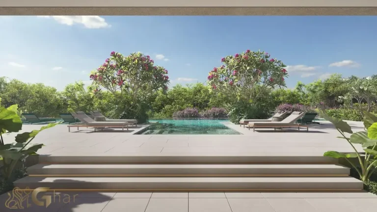 Vista geral da área de piscina do Lindenberg Vista Alto de Pinheiros com paisagismo elegante