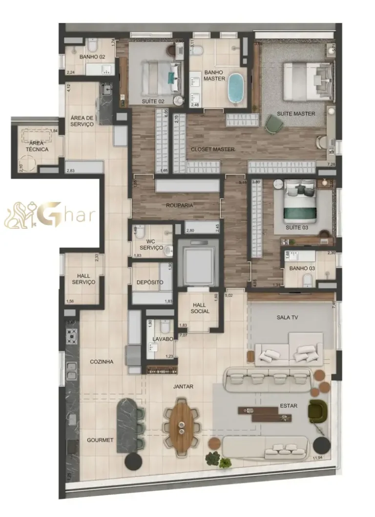 Planta do apartamento de 244 m² do Lindenberg Vista Alto de Pinheiros com ambientes amplos