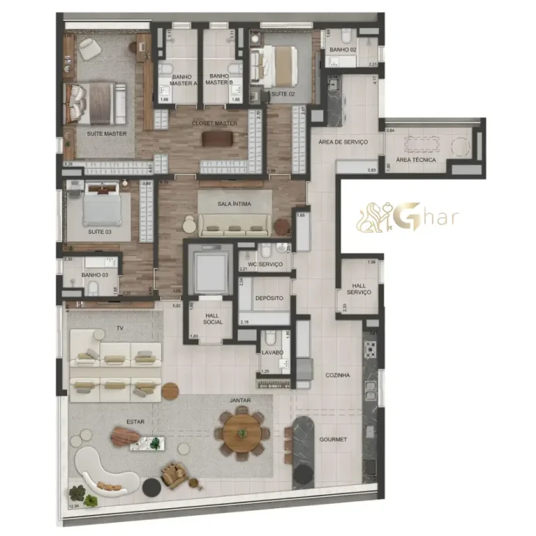 Planta do apartamento de 270 m² do Lindenberg Vista Alto de Pinheiros com layout amplo e sofisticado