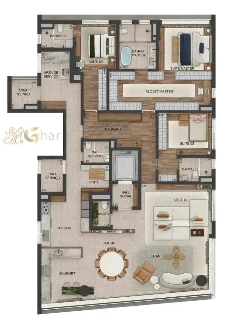 Planta do apartamento decorado de 244 m² do Lindenberg Vista Alto de Pinheiros