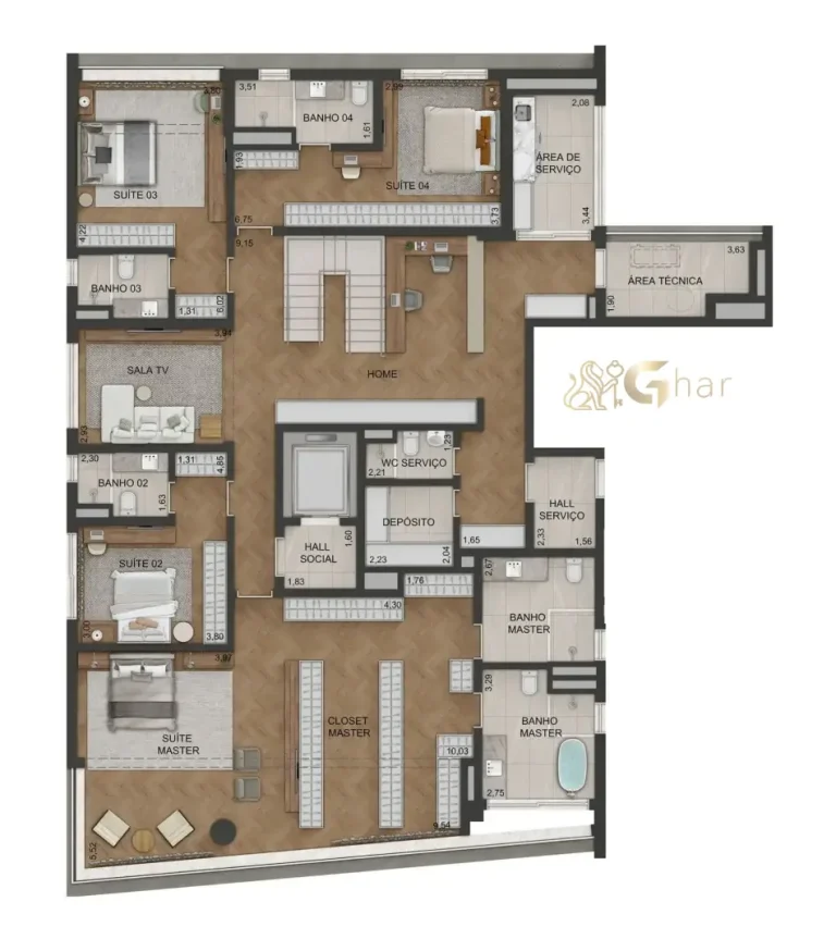Planta do pavimento inferior do apartamento duplex de 536 m² do Lindenberg Vista Alto de Pinheiros