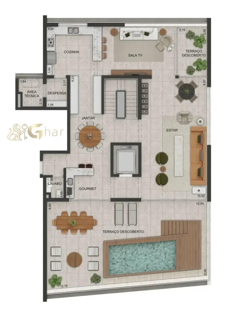 Planta do pavimento superior do apartamento duplex de 484 m² do Lindenberg Vista Alto de Pinheiros