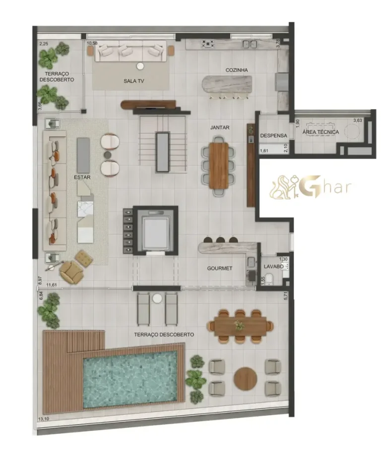 Planta do pavimento superior do apartamento duplex de 536 m² do Lindenberg Vista Alto de Pinheiros