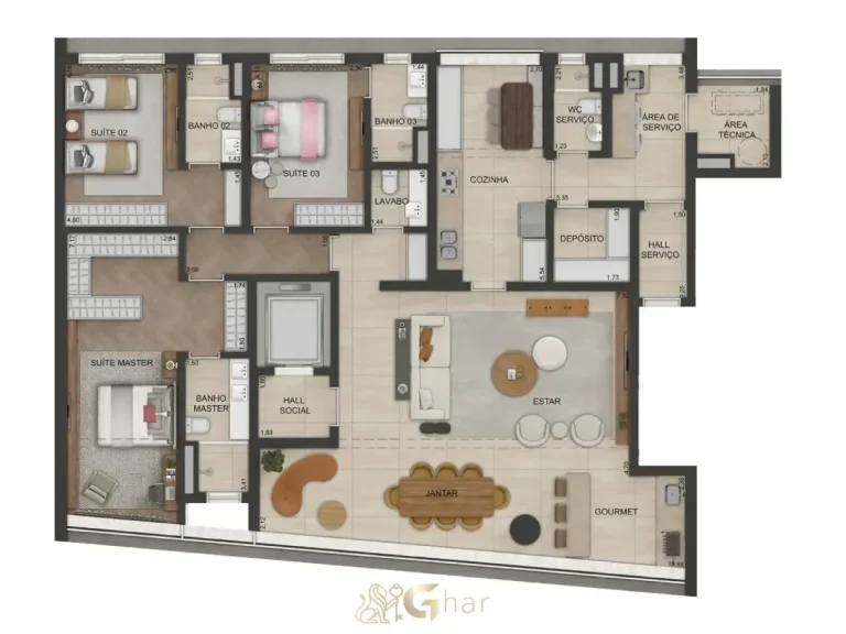 Planta do apartamento de 200 m² do Lindenberg Vista Alto de Pinheiros com distribuição inteligente