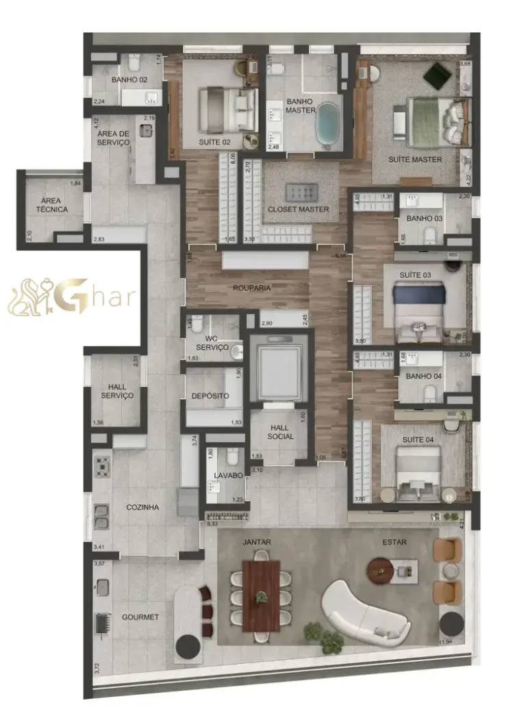 Planta do apartamento opção A de 244 m² do Lindenberg Vista Alto de Pinheiros