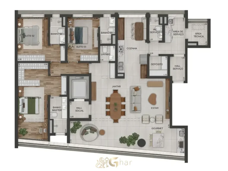 Planta do apartamento opção B de 200 m² do Lindenberg Vista Alto de Pinheiros