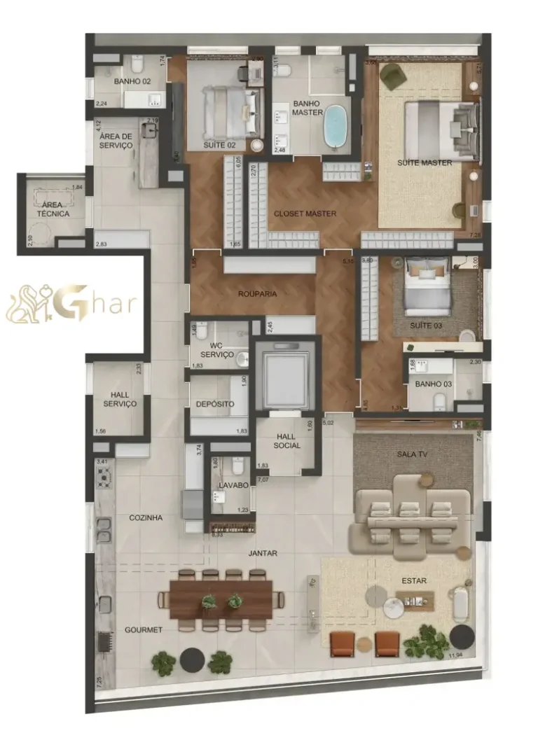Planta do apartamento opção B de 244 m² do Lindenberg Vista Alto de Pinheiros