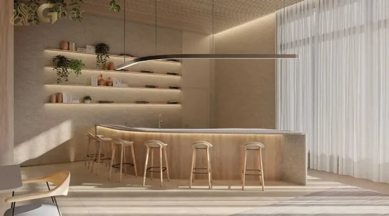 Bar do salão de festas do Lindenberg Vista Brooklin com design sofisticado e acabamento de alto padrão no Brooklin