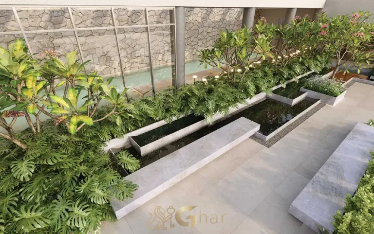 Área externa com espelho d’água no Lindenberg Vista Brooklin e arquitetura contemporânea