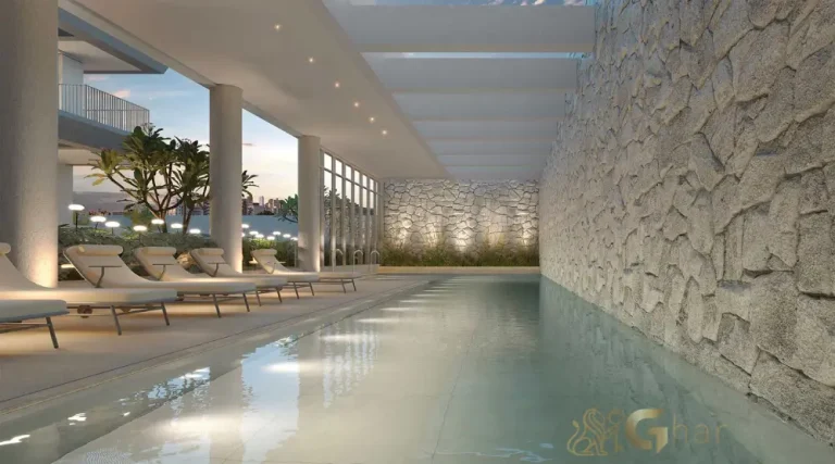 Área interna da piscina coberta do Lindenberg Vista Brooklin com design contemporâneo