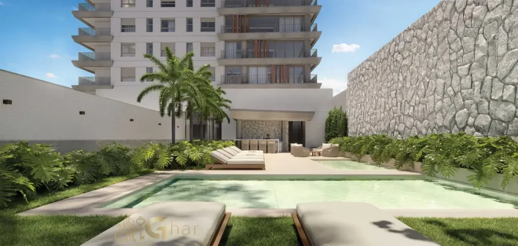 Piscina descoberta do Lindenberg Vista Brooklin integrada ao lazer e paisagismo