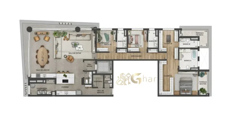Planta de apartamento 3 suítes com cozinha aberta de 261 m² no Lindenberg Vista Brooklin