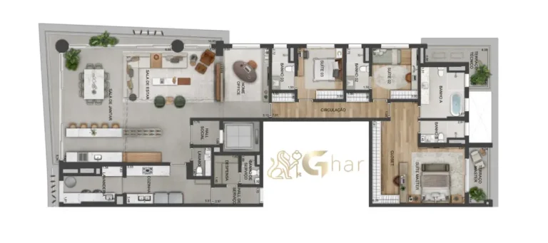 Planta de apartamento 3 suítes com cozinha fechada e sala ampliada de 261 m² no Lindenberg Vista Brooklin